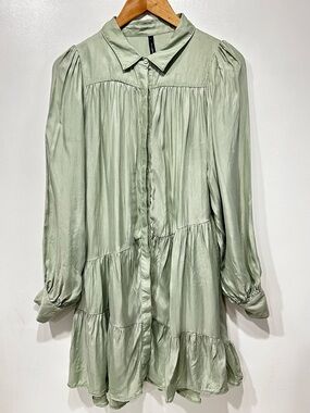 Staple the Label Aya Cupro Mini Dress Seafoam Green Long Sleeve Tiered Size M
